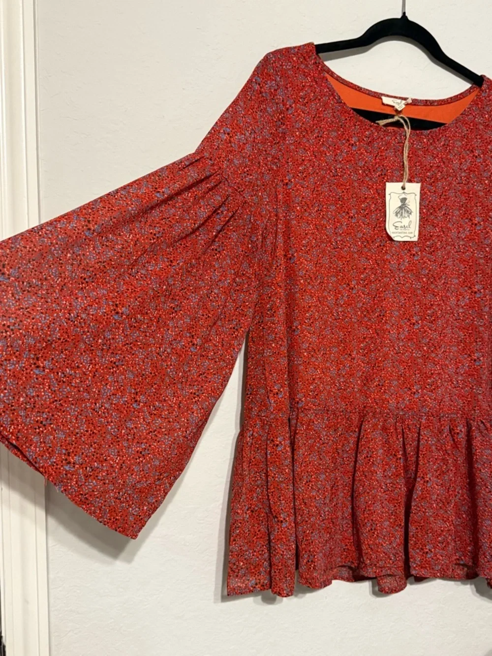 EASEL Boho flare/bell sleeve red chiffon peplum layered blouse - Picture 3 of 12